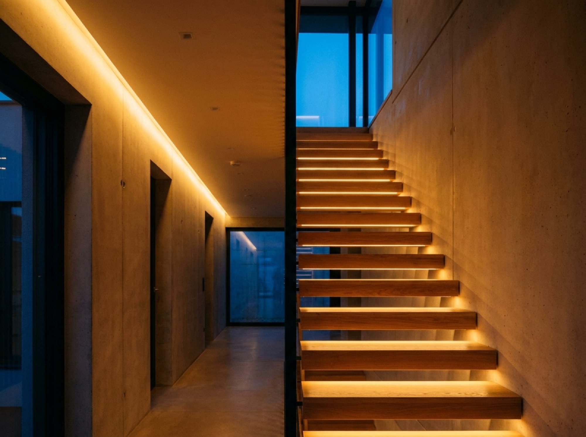 A staircase and hallway lit by warm concealed strip lighting