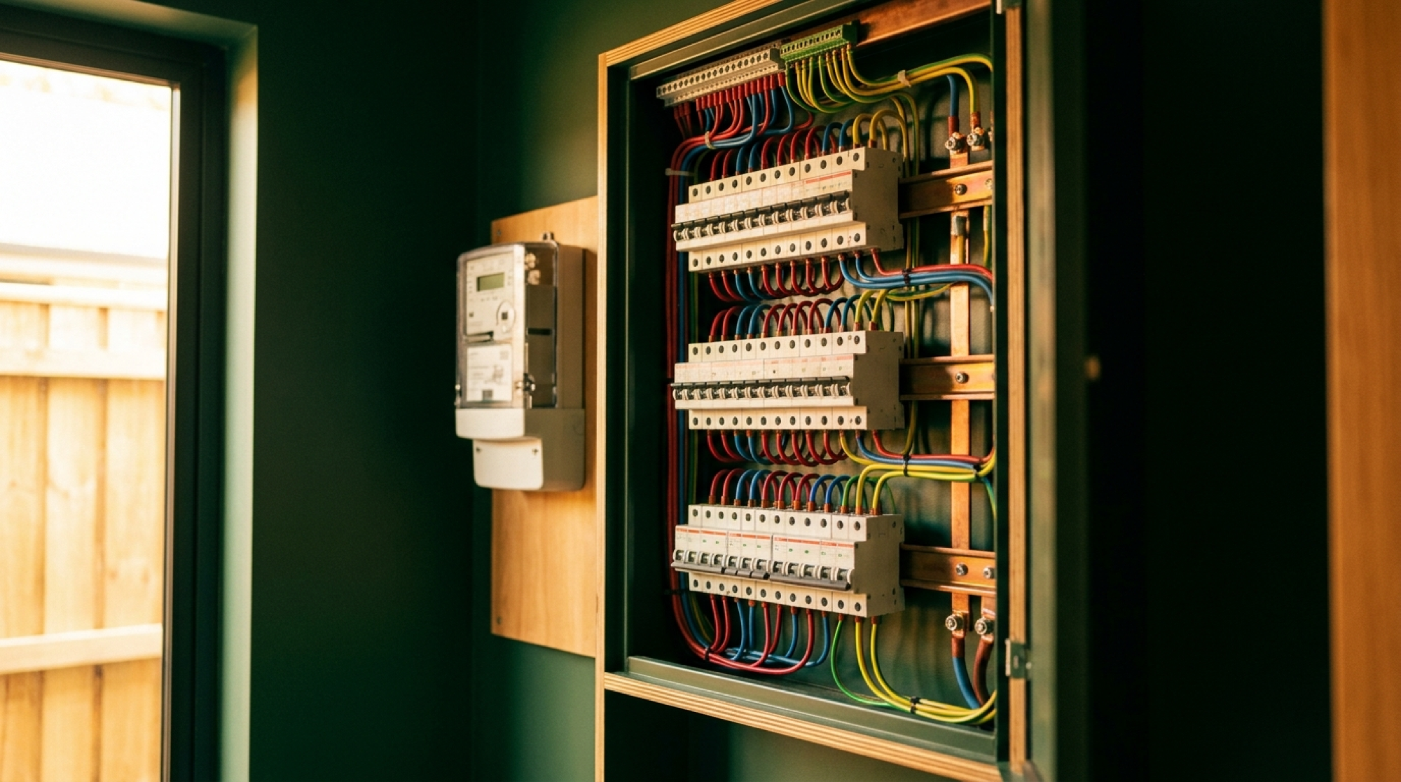 An open switchboard with colour-coded wiring looped into rows of circuit breakers