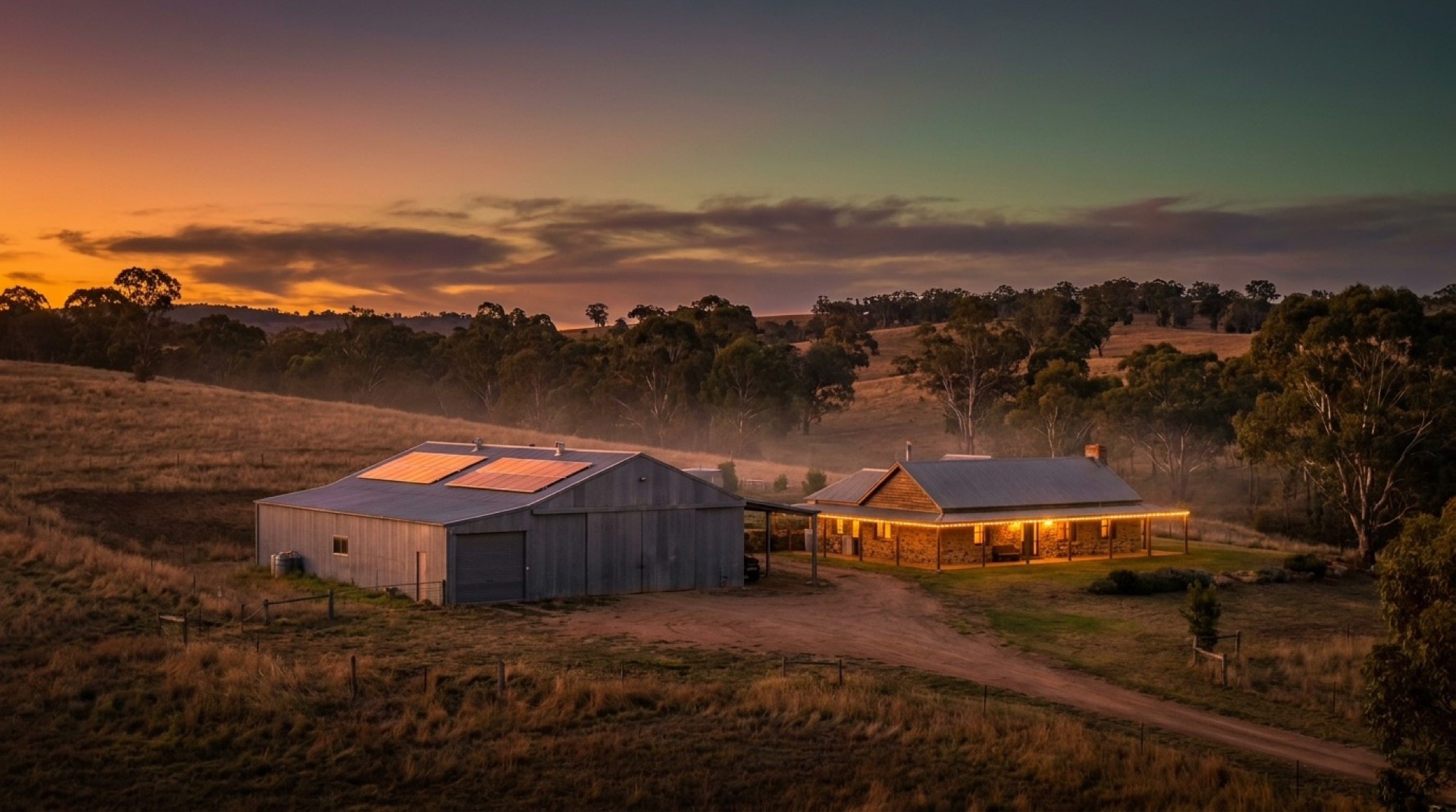 A farmhouse and a large shed on a dry paddock at dusk with the veranda lights on