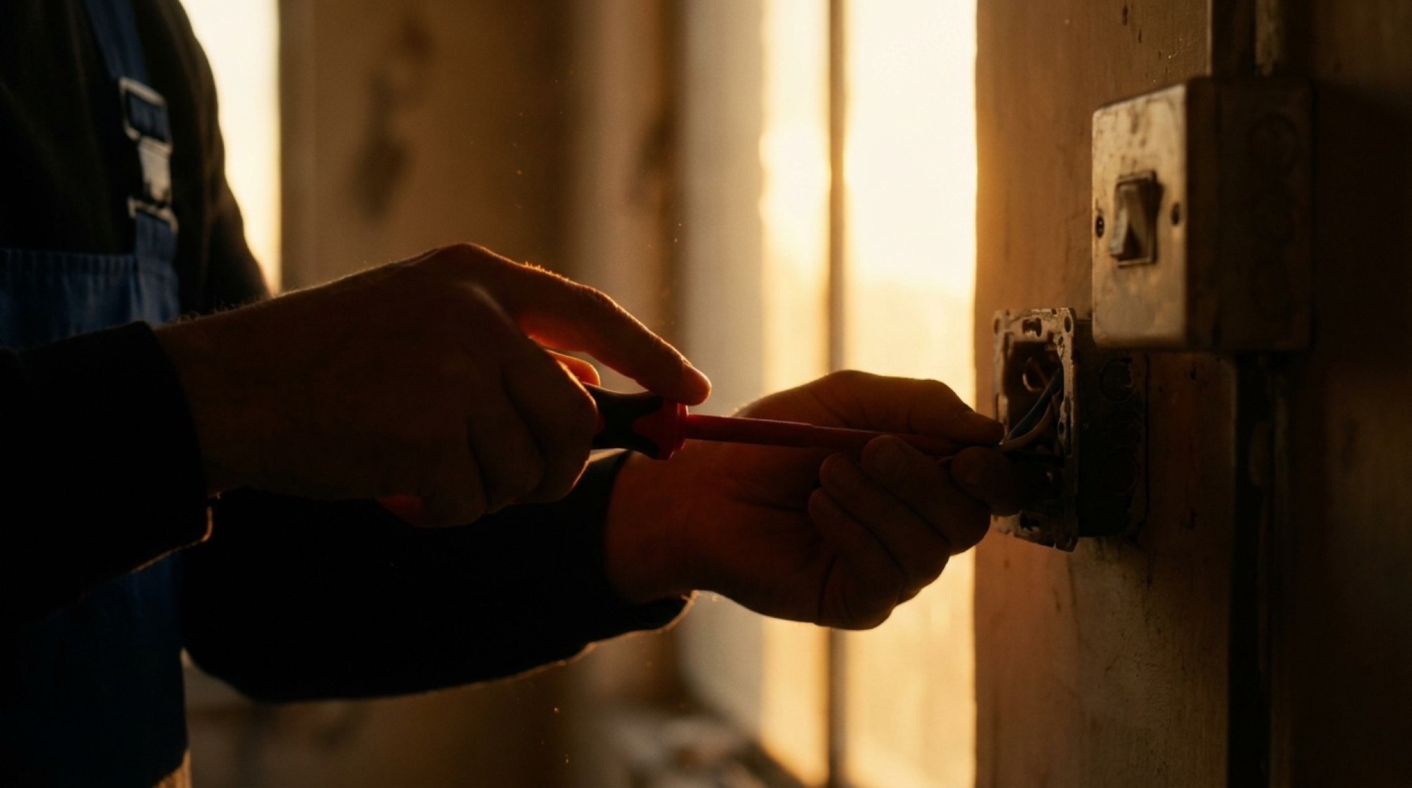 Two hands wiring a light switch into a wall by the light of a window at golden hour