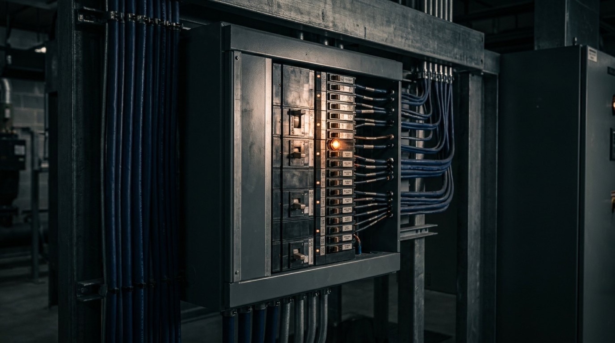 A large industrial switchboard with rows of breakers and looms of cable running to it