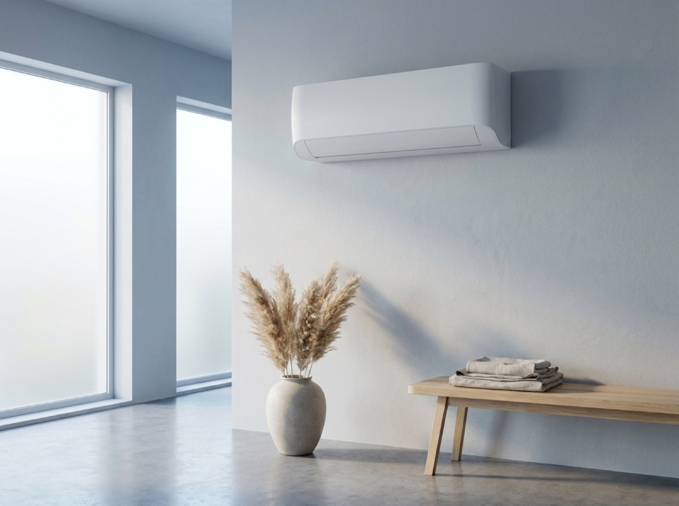 A wall-mounted split system air conditioner above a timber bench in a bright room