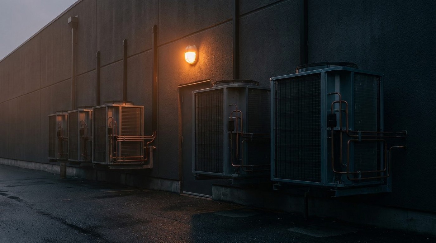 Rows of commercial condenser units lined up along a concrete wall at dusk