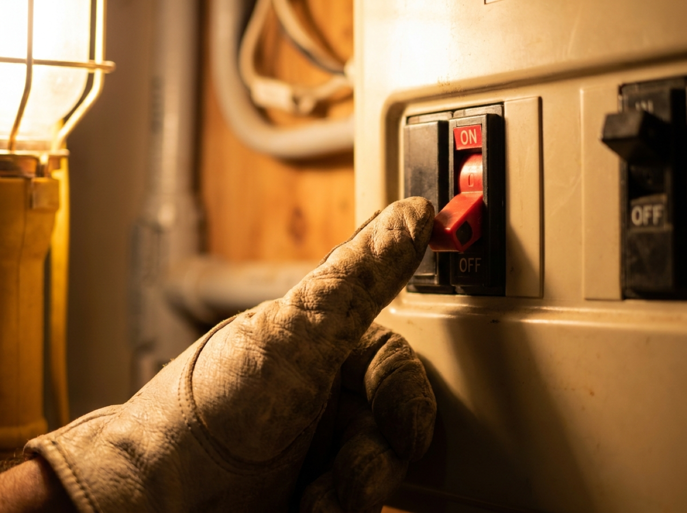 A gloved hand switching a red main switch on a switchboard by lamplight