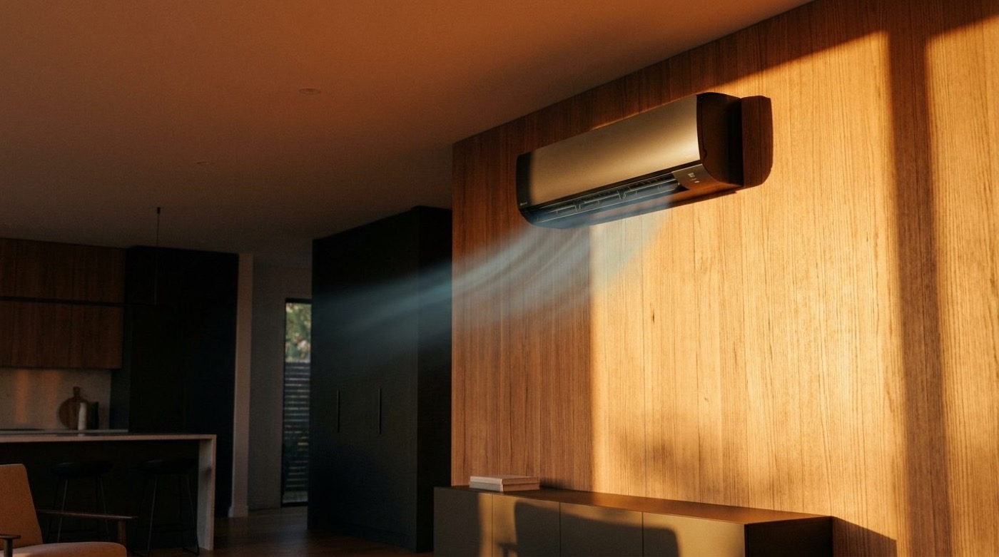 A wall-mounted split system air conditioner running on a timber wall